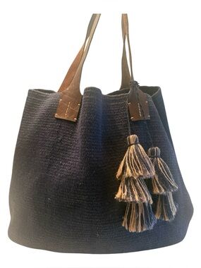J Jill Jute woven Navy large satchel bag leather handles with tassels boho